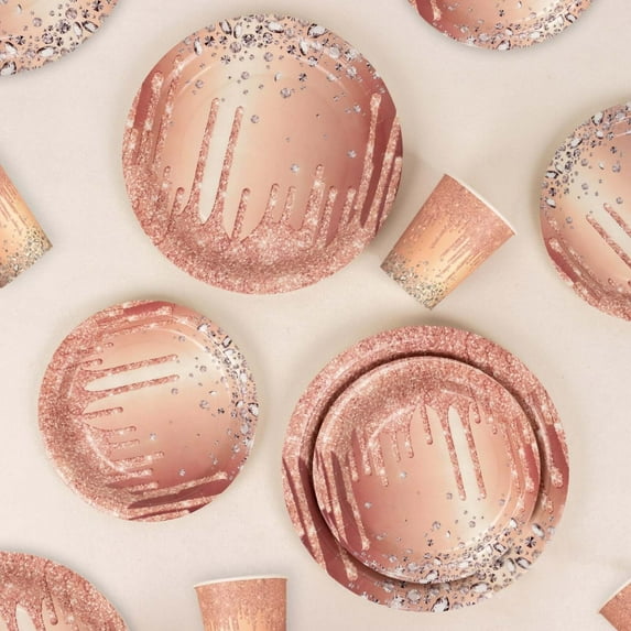 Efavormart 72 Pcs Rose Gold Disposable Party Supplies Kit With Diamonds Glitter Drip Pattern, Paper Plates Cups Tableware Combo Pack