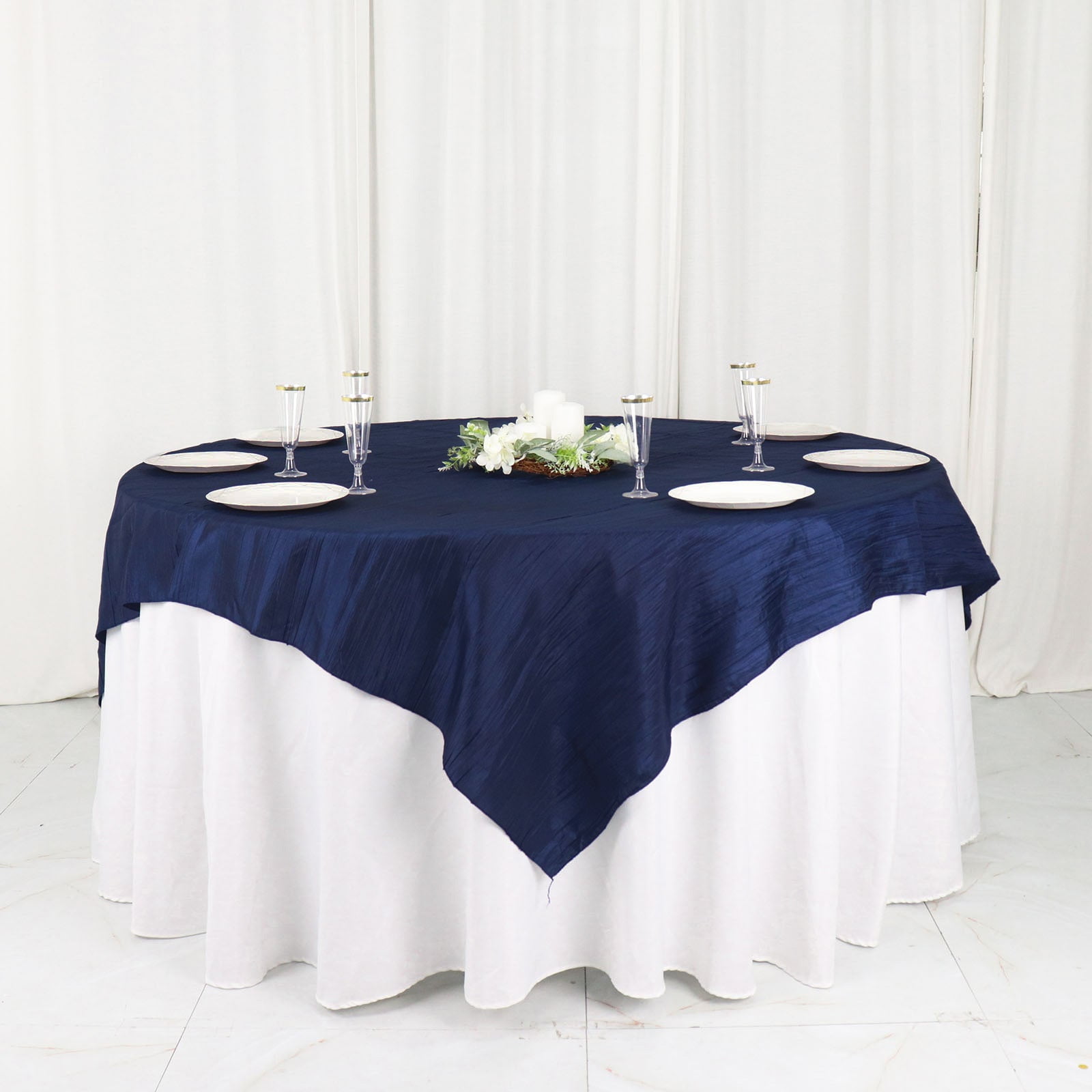 Efavormart 72"X72" Navy Blue Accordion Crinkle Taffeta Table Overlay, Square Tablecloth Topper ...