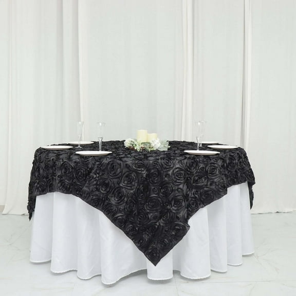 Efavormart 72"x72" Black 3D Rosette Satin Table Overlay, Square Tablecloth Topper