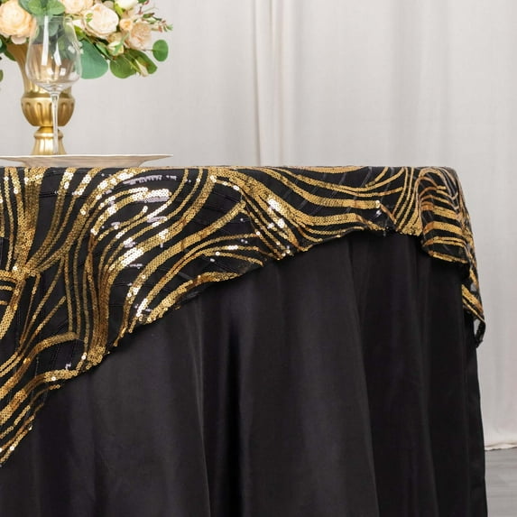 Efavormart 72"x72" Black Gold Wave Embroidered Sequin Table Overlay, Sparkly Square Table Topper