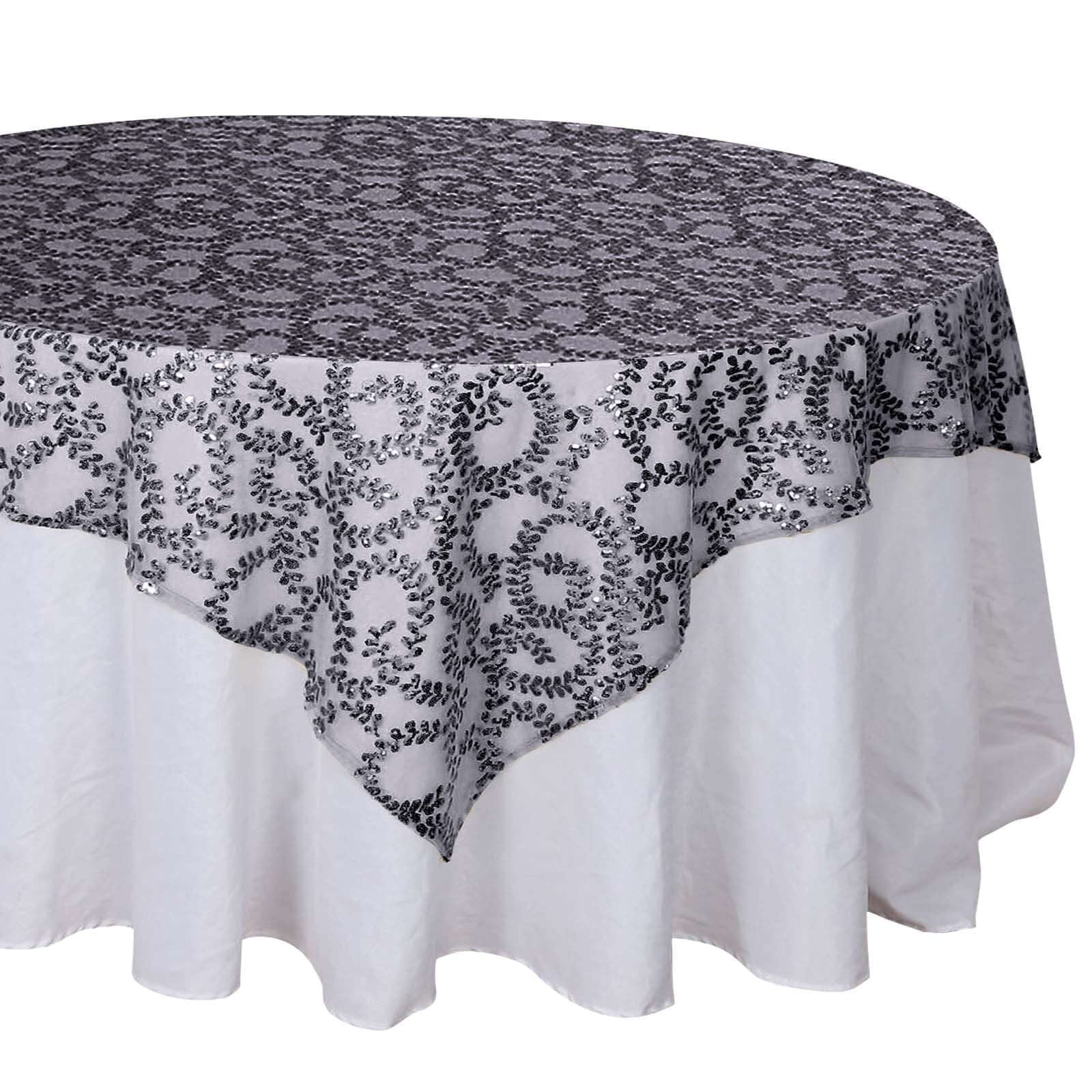 Efavormart 72"x72" Black Sequin Leaf Embroidered Seamless Tulle Table ...