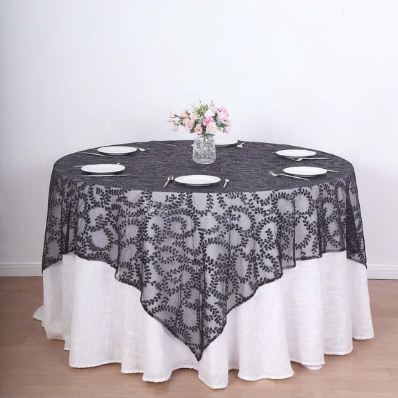 Efavormart 72"x72" Black Sequin Leaf Embroidered Seamless Tulle Table Overlay, Square Sheer Table Topper