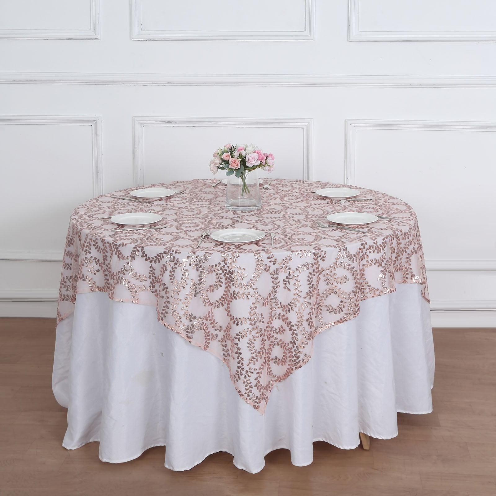Efavormart 72"x72" Blush Rose Gold Sequin Leaf Embroidered Seamless ...