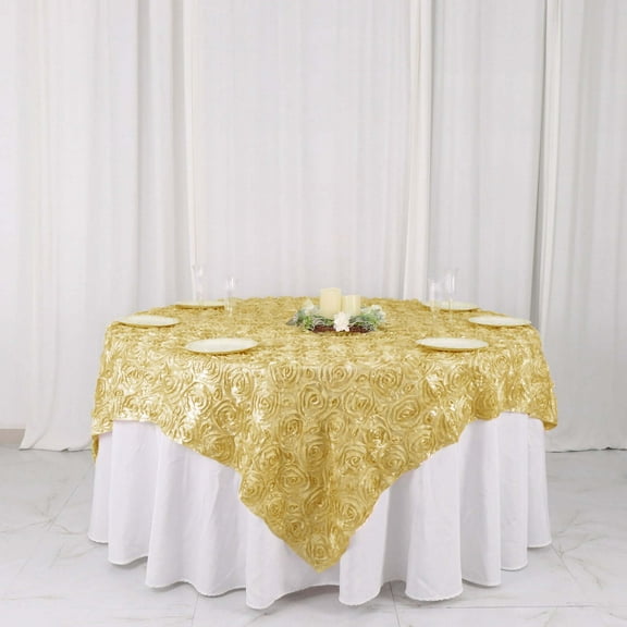 Efavormart 72"x72" Champagne 3D Rosette Satin Table Overlay, Square Tablecloth Topper