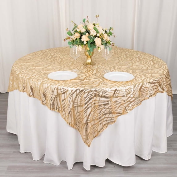 Efavormart 72"x72" Champagne Wave Embroidered Sequin Table Overlay, Sparkly Square Table Topper