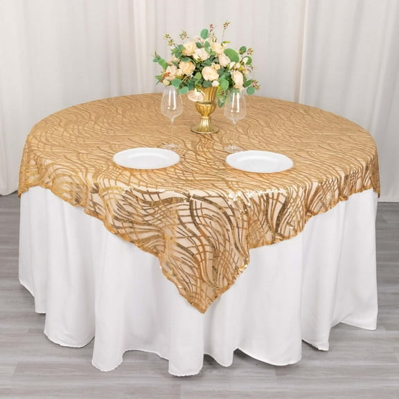 Efavormart 72"x72" Gold Wave Embroidered Sequin Table Overlay, Sparkly Square Table Topper