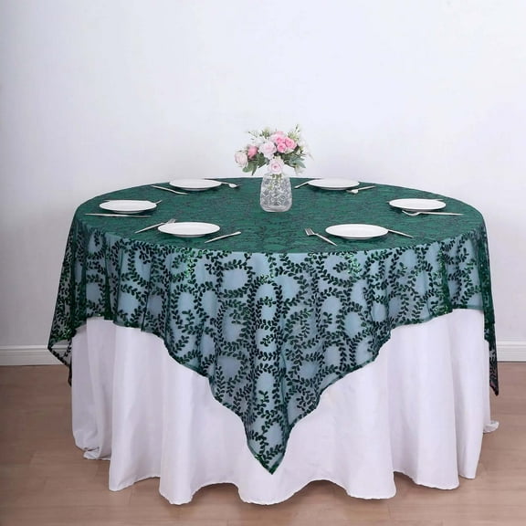 Efavormart 72"x72" Hunter Emerald Green Sequin Leaf Embroidered Seamless Tulle Table Overlay, Square Sheer Table Topper