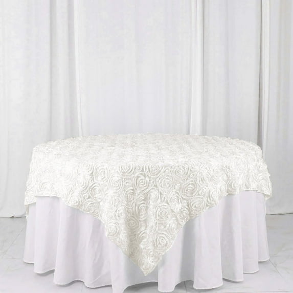 Efavormart 72"x72" Ivory 3D Rosette Satin Table Overlay, Square Tablecloth Topper