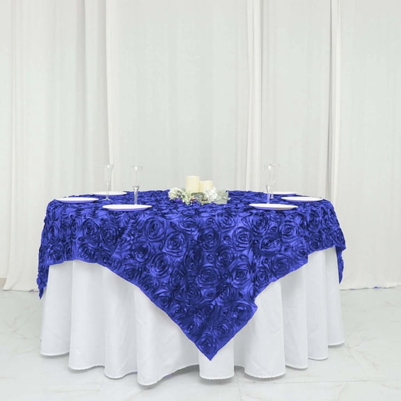 Efavormart 72"x72" Royal Blue 3D Rosette Satin Table Overlay, Square Tablecloth Topper