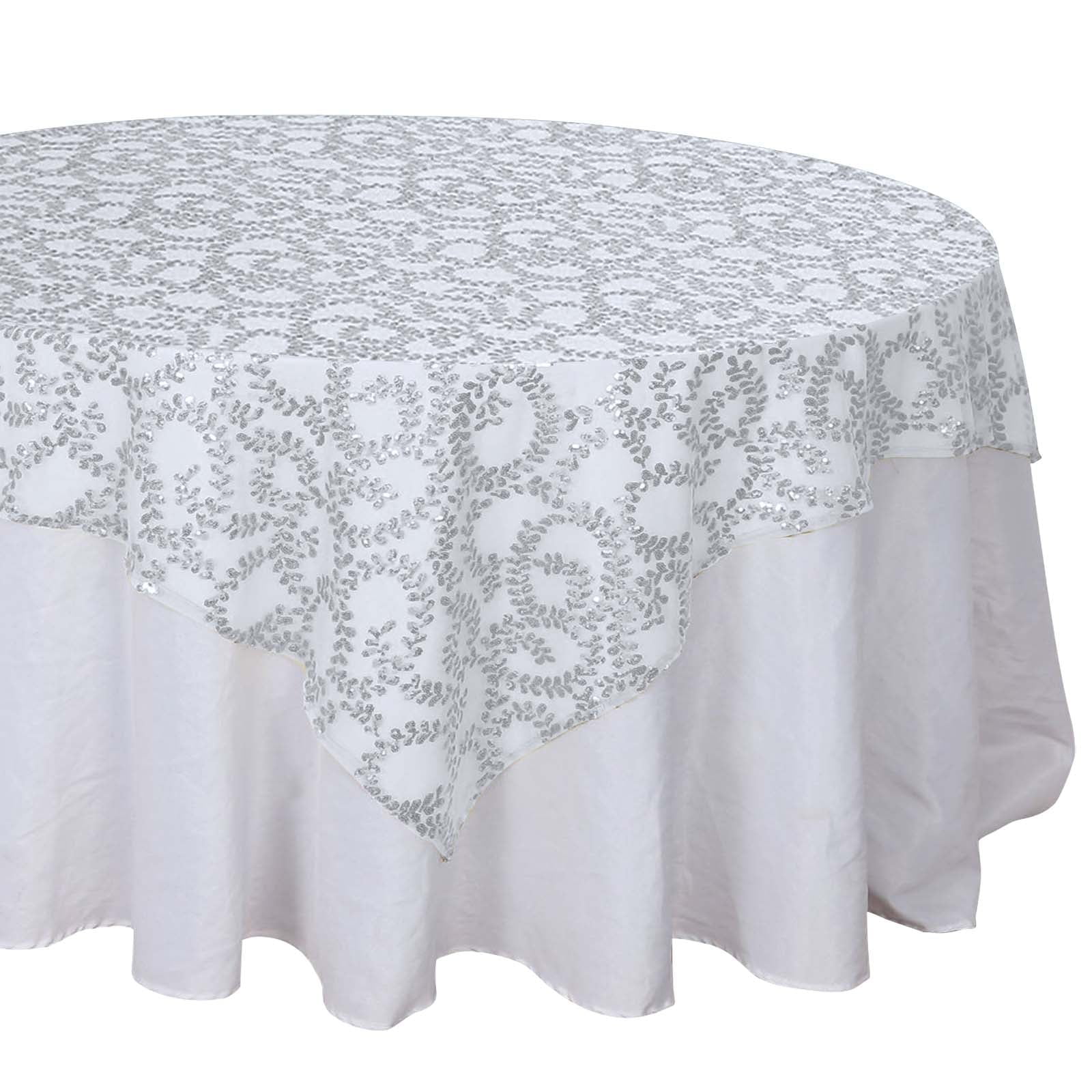 Efavormart 72"x72" Silver Sequin Leaf Embroidered Seamless Tulle Table ...