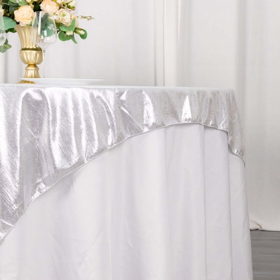 Efavormart 72"x72" Silver Shimmer Sequin Dots Square Polyester Table Overlay, Wrinkle Free Sparkle Glitter Table Topper