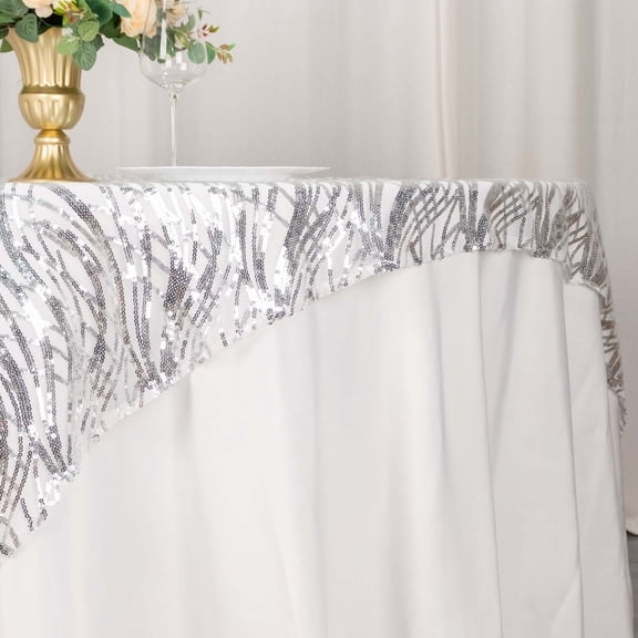 Efavormart 72"x72" Silver Wave Embroidered Sequin Table Overlay, Sparkly Square Table Topper