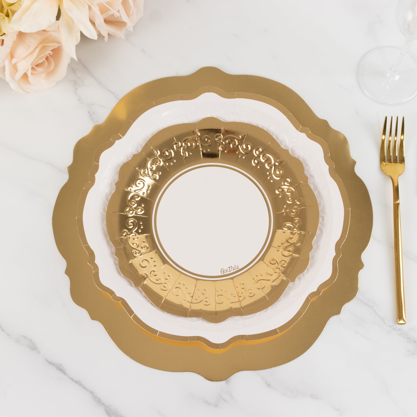 Efavormart 75 Pcs White Gold Heavy Duty Paper Plates with Embossed Scalloped Rim, Round Disposable Charger Dinner Salad Party Plates - 8",10",13"