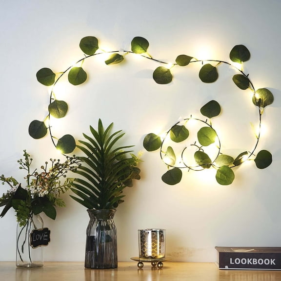 Efavormart 7FT 20 LED Artificial Green Eucalyptus Leaf Garland, Battery Operated Fairy String Lights Flowers Party Wedding Wall Garden Plants Decor Indoor Outdoor Decoration