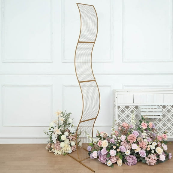Efavormart 7ft Gold Metal Lattice Grid Design Wavy Flower Frame Backdrop Stand, S-Shaped Wedding Arch Aisle Display Decoration