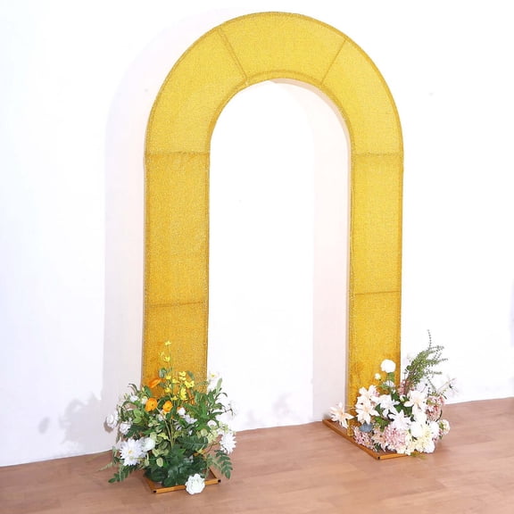 Efavormart 7ft Gold Shimmer Tinsel Spandex Fitted Open Arch Backdrop Cover, Double-Sided U-Shaped Wedding Arch Slipcover
