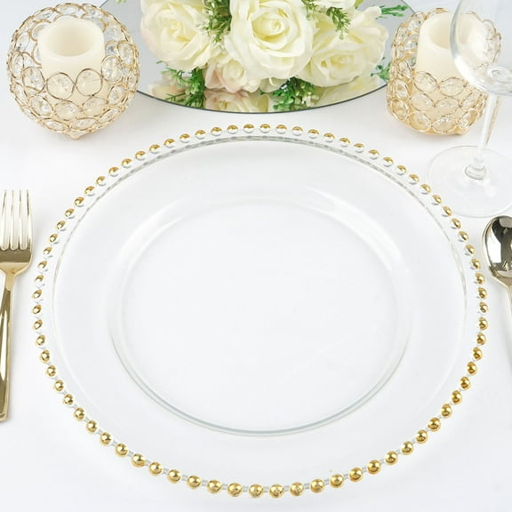 Efavormart 8 Pack | 12" Gold Beaded Round Glass Charger Plates, Event Tabletop Decor
