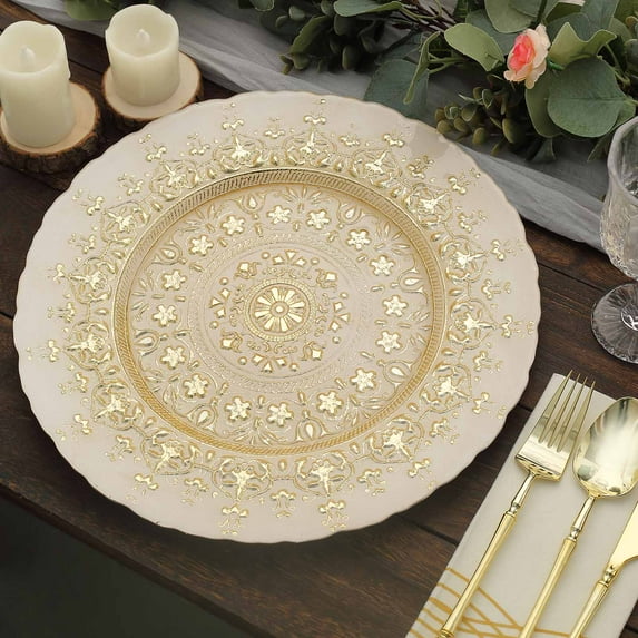 Efavormart 8 Pack | 13" Gold Monaco Style Glass Table Serving Plates, Ornate Design Dinner Charger Trays