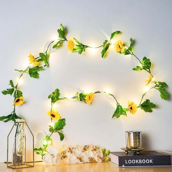 Efavormart 8FT 20 LED Artificial Sunflowers Greenery Garland, Battery Operated Warm White Fairy String Lights Flowers Party Wedding Wall Garden Plants Decor Indoor Outdoor Decoration