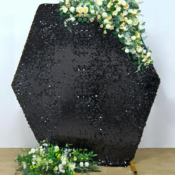 Efavormart 8ftx7ft Black Big Payette Sparkle Sequin Hexagon Wedding Arch Cover, Shiny Shimmer Backdrop Stand Cover - 2-Sided Custom Fit