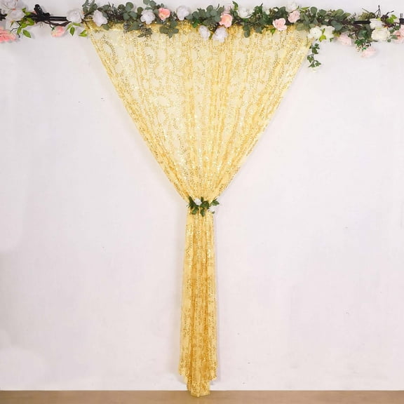 Efavormart 8ftx8ft Gold Tulle Backdrop Curtain With Sequin Leaf Embroidery, Sparkly Sheer Drapery Panel With Rod Pocket