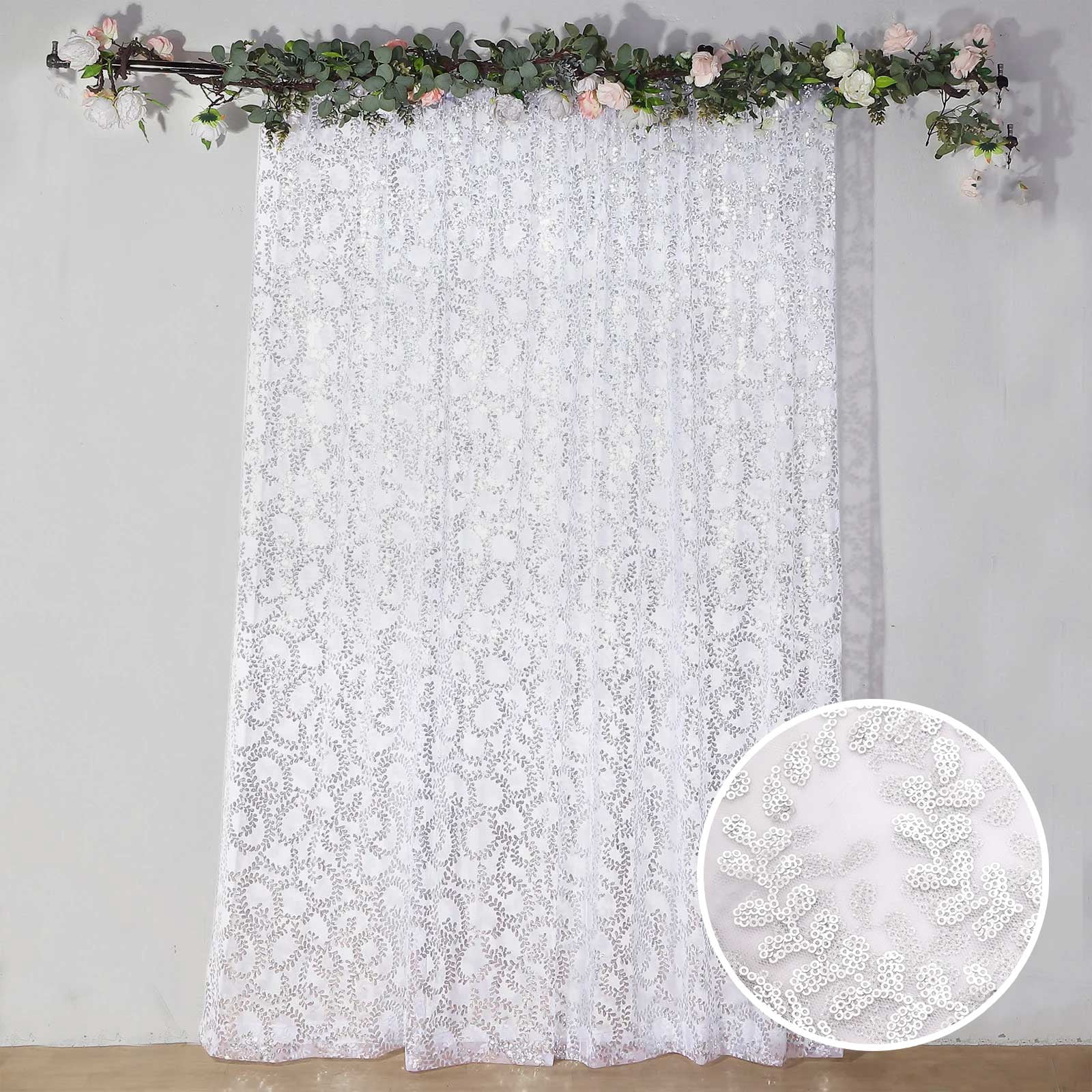 Efavormart 8ftx8ft Silver Tulle Backdrop Curtain With Sequin Leaf