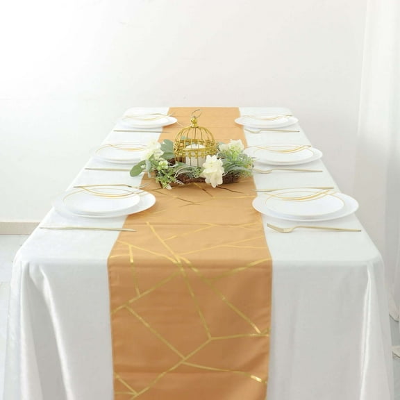 Efavormart 9 Ft Gold With Gold Foil Geometric Pattern Blush Polyester Table Runner