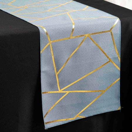 Efavormart 9 Ft Metallic Dusty Blue/Gold Foil Geometric Pattern Blush Polyester Table Runner