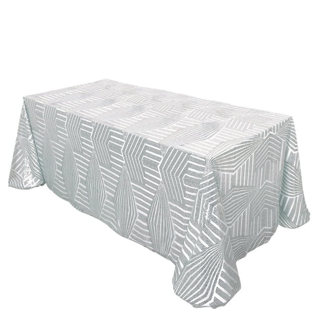 Efavormart 90"X132" Silver Sparkly Sequin Geometric Tulle Rectangular ...