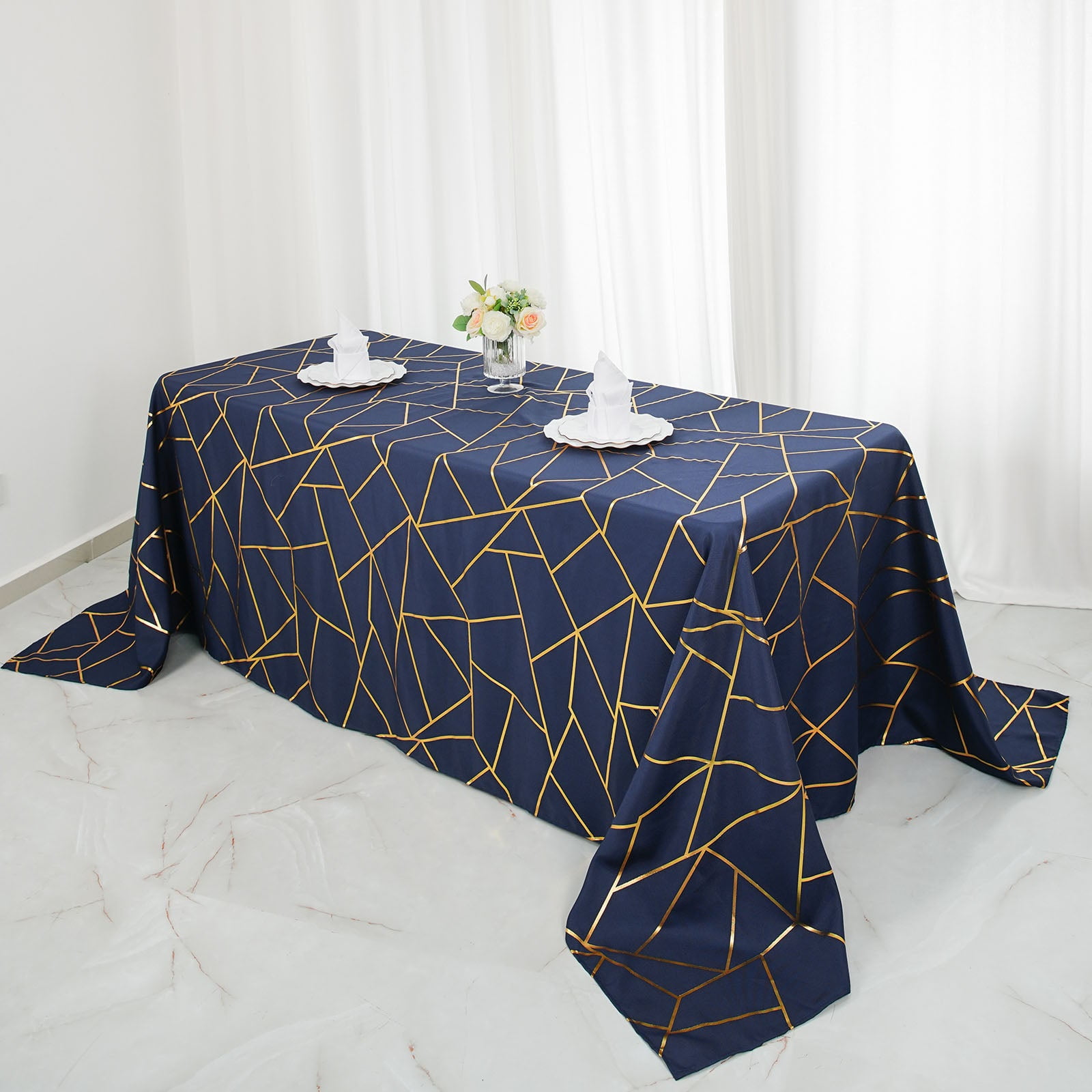Efavormart 90"x132" Navy Blue Rectangle Polyester Tablecloth With Gold ...