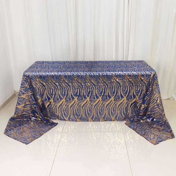 Efavormart 90"x156" Royal Blue Gold Wave Embroidered Seamless Sequin Rectangle Tablecloth