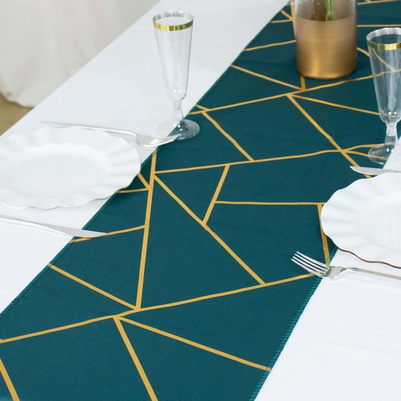 Efavormart 9ft Peacock Teal With Gold Foil Geometric Pattern Table Runner
