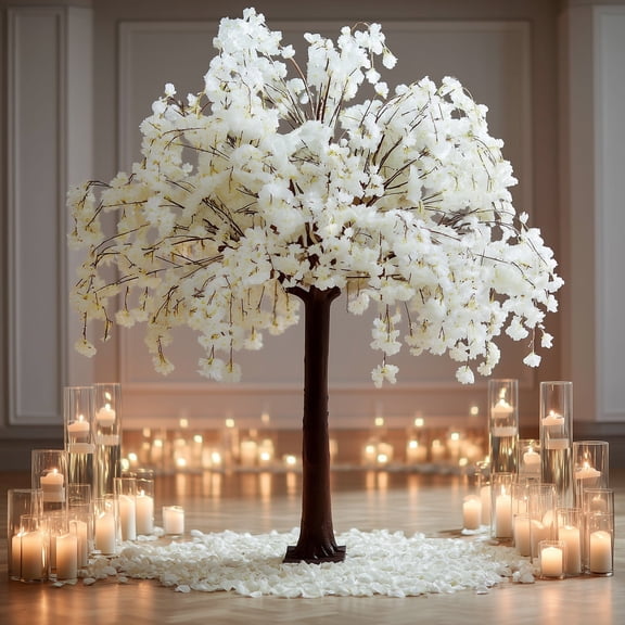 Efavormart Artificial Cherry Blossom Tree 8ft White – Silk Sakura Wishing Tree with Fiberglass Trunk & Sturdy Metal Base