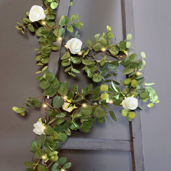 Efavormart Artificial Eucalyptus Garland with String Lights & Ivory Roses – 6ft Battery-Operated Lighted Greenery Vine