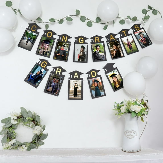 Efavormart Black & Gold Congrats Grad Paper Photo Backdrop Hanging Garland Banner - 5.5ft