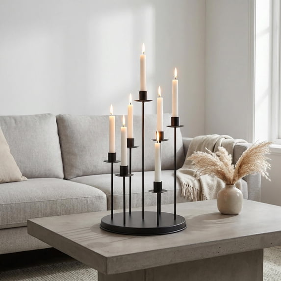 Efavormart Black Metal 7-Arm Taper Candle Holder Centerpiece 15" Round Wedding Table Candelabra - Cluster Design