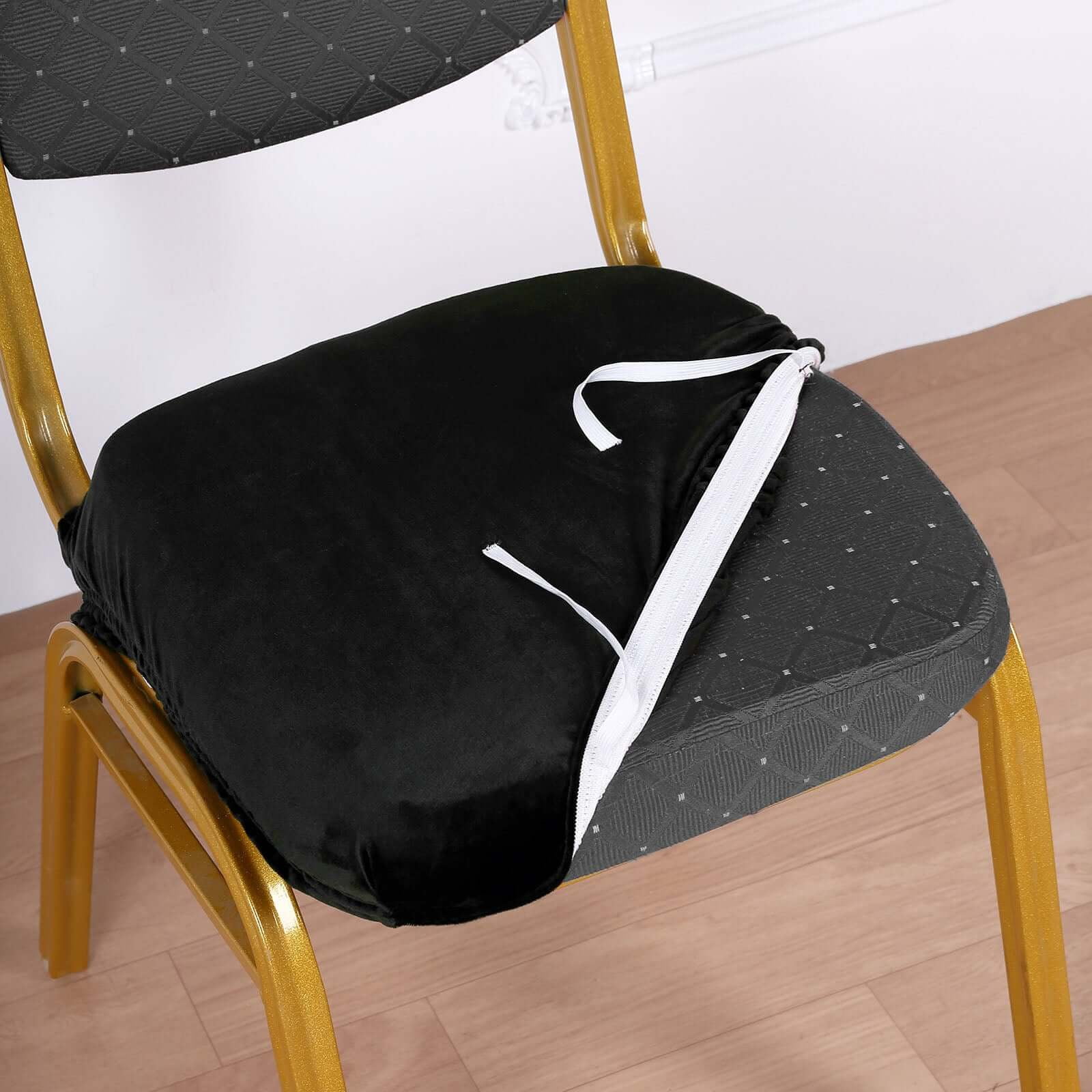 Black Velvet Stretchable Dining Chair Seat Cover with Ties