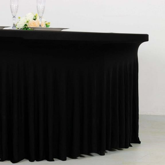 Efavormart Black Wavy Spandex Fitted Round 1-Piece Tablecloth Table Skirt, Stretchy Table Cover with Ruffles - 5ft