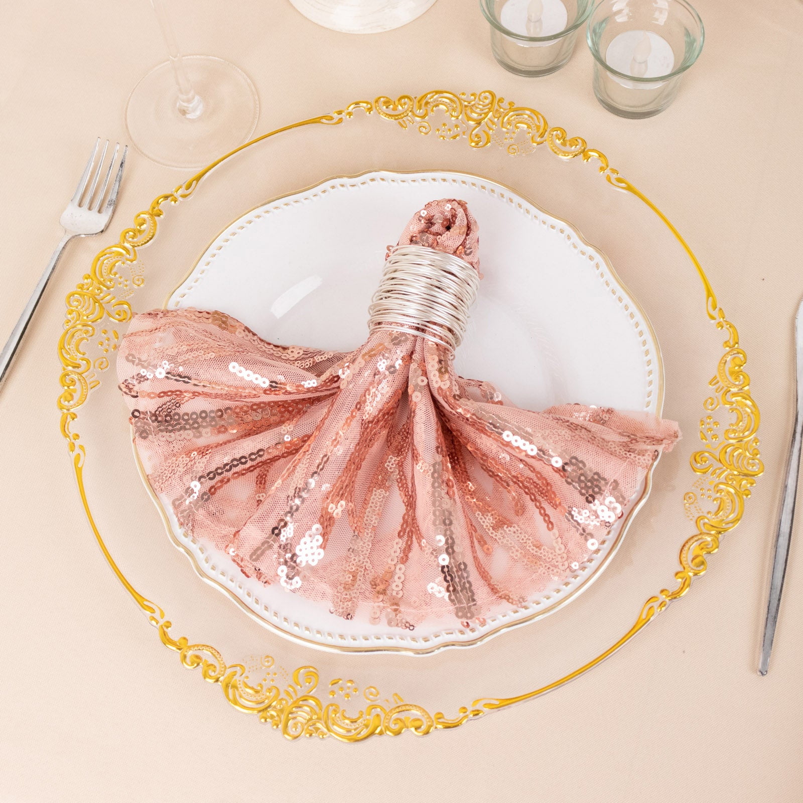 Efavormart Blush Rose Gold Wave Embroidered Sequin Mesh Dinner Napkin ...