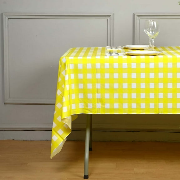 Efavormart Buffalo Plaid Tablecloth | 54" x 108" White/Yellow Rectangular Spill Proof Tablecloths | Disposable Checkered Plastic Vinyl Waterproof Tablecloths
