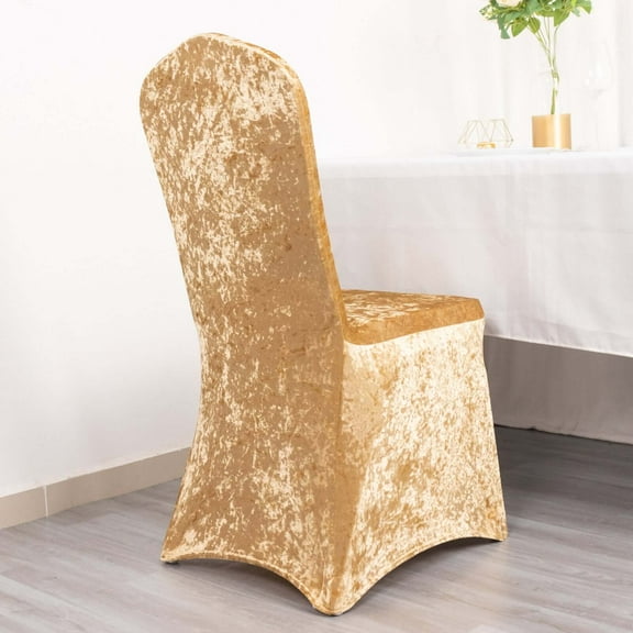 Efavormart Champagne Crushed Velvet Spandex Stretch Banquet Chair Cover With Foot Pockets, Fitted Wedding Chair Cover - 190 GSM