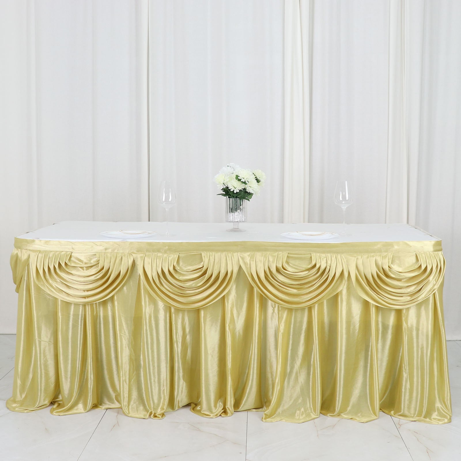 Efavormart Champagne Satin Double Drape Table Skirt for Kitchen Dining