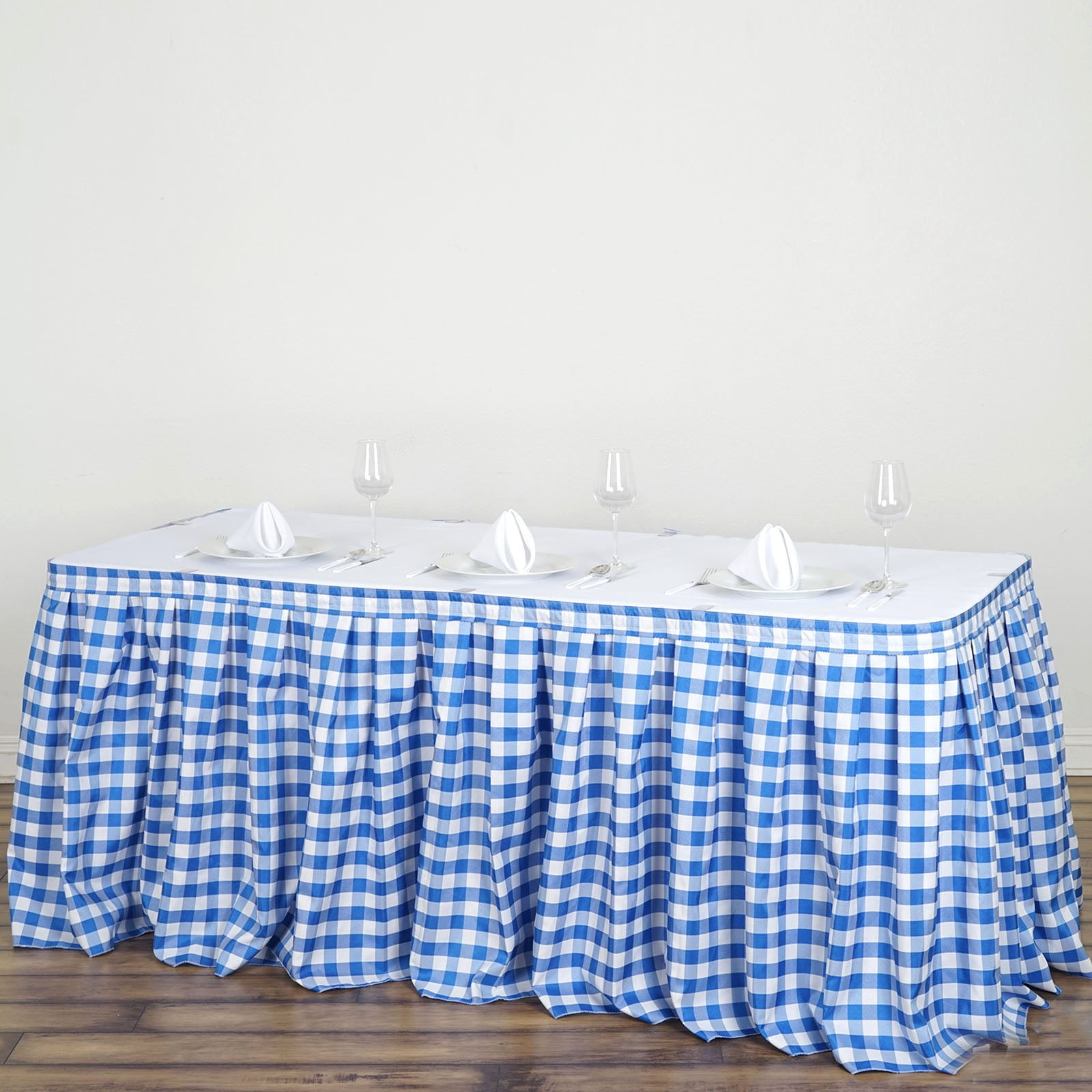 Efavormart Checkered Table Skirt 17FT White/Blue Buffalo Plaid