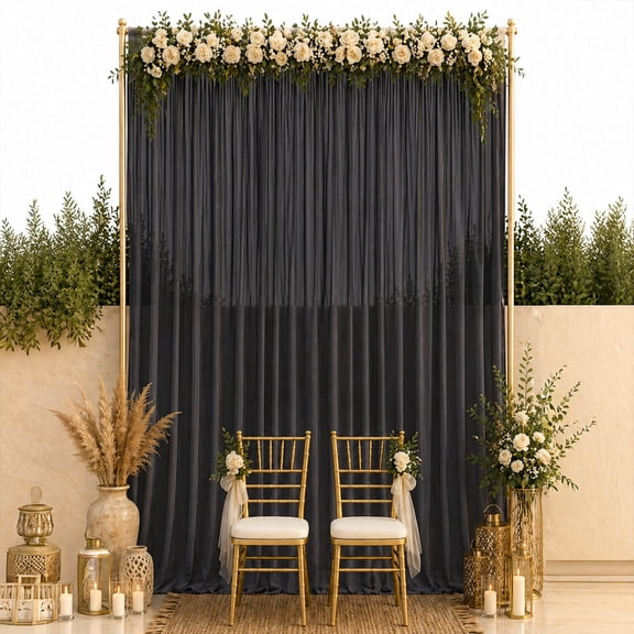 Efavormart Chiffon Backdrop Curtain Panel 10ft x 14ft – Black Durable Flame Resistant Sheer Draping Fabric with Rod Pocket