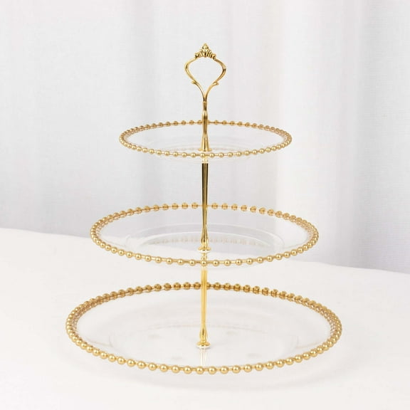 Efavormart Clear 3-Tier Round Plastic Cupcake Tower Stand with Gold Beaded Rim, Dessert Display Tea Party Serving Platter With Top Handle - 14" Tall