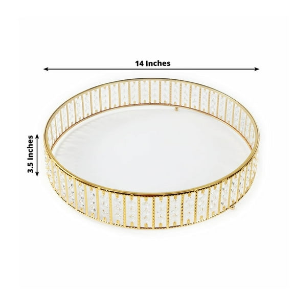 Efavormart Crystal Cake Stand with Hanging Beads and Glass Top – 14" Round Gold Metal Dessert Display Tray