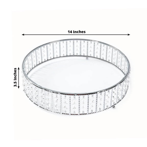 Efavormart Crystal Cake Stand with Hanging Beads and Glass Top – 14" Round Silver Metal Dessert Display Tray