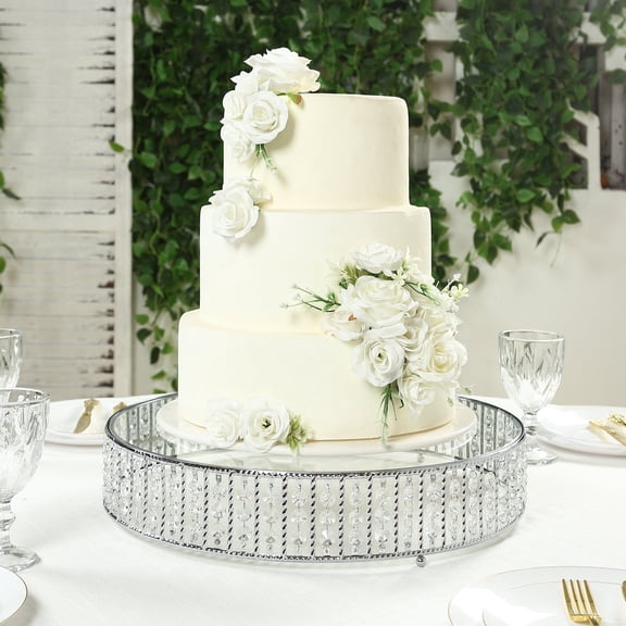 Efavormart Crystal Cake Stand with Hanging Beads and Glass Top – 18" Round Silver Metal Dessert Display Tray