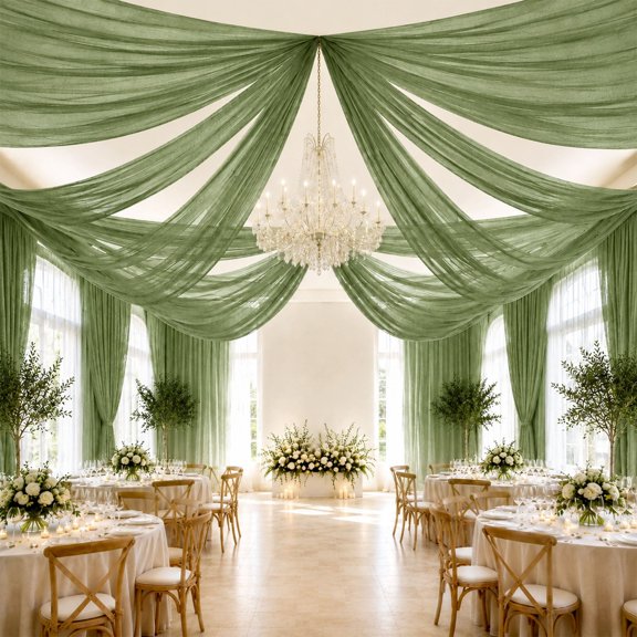 Efavormart Dusty Sage Green Sheer Ceiling Drape – 10ft x 32ft Extra Long Drapery Panel for Wedding Canopy, Backdrop & Reception Décor