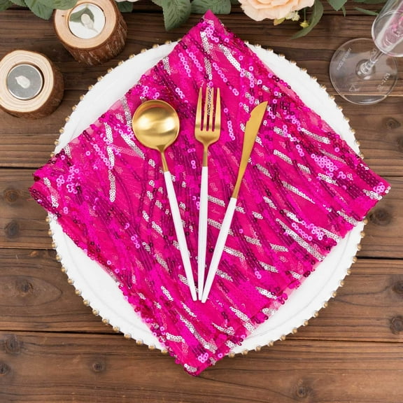 Efavormart Fuchsia Silver Wave Embroidered Sequin Mesh Dinner Napkin, Reusable Decorative Napkin - 20"x20"